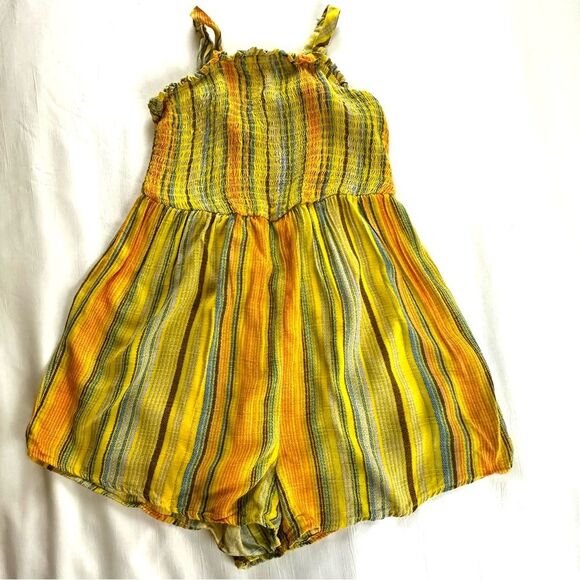Art Class Girls Sz 7/8 Orange Yellow White One Piece Striped Romper Shorts - Picture 1 of 12
